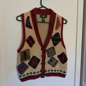 Vintage Christmas Stamps Embroidered Sweater Vest With Decorative Buttons Medium